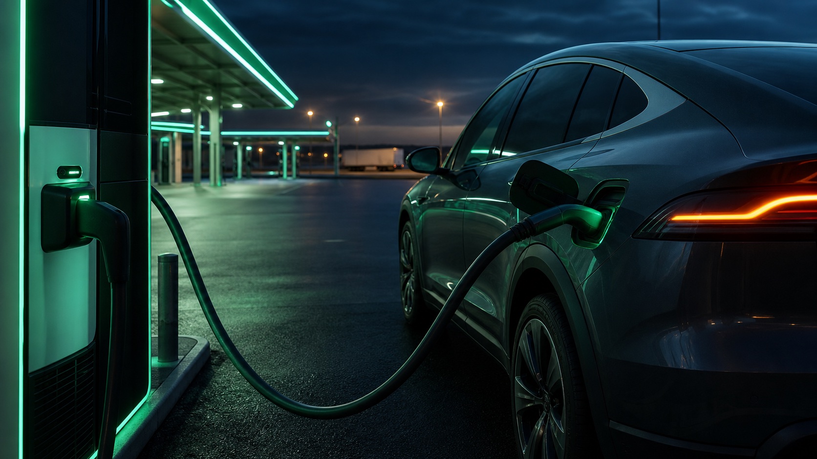 Elektromobil připojený k rychlonabíjecímu stojanu za soumraku